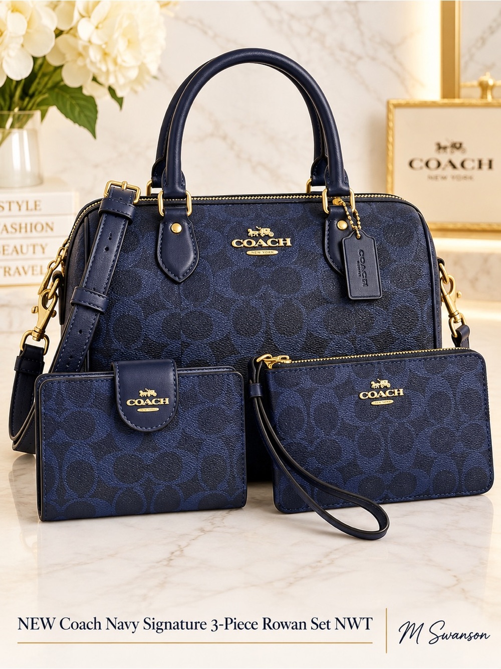 NEW Coach Navy Signature 3-Piece Rowan Satchel Wallet Wristlet Set NWT